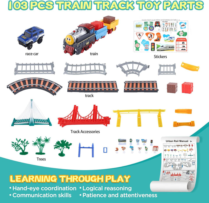 Kinder Eisenbahnschiene Zug Spielzeug Set, Autorennbahn Spielzeug mit Zug&Autobahnautos, für Kinder