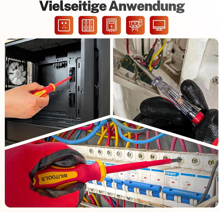 BILITOOLS Isoliertes Schraubendreher-Set 9-tlg. VDE 1000V inkl. Spannungsprüfer – Elektriker-Werkzeu