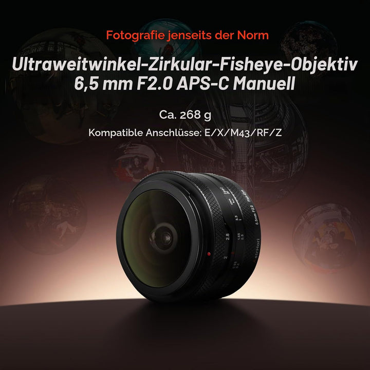 AstrHori 6.5mm F2.0 APS-C Fisheye Objektiv für Fuji X, Manueller Fokus 192° Ultraweitwinkel Objektiv