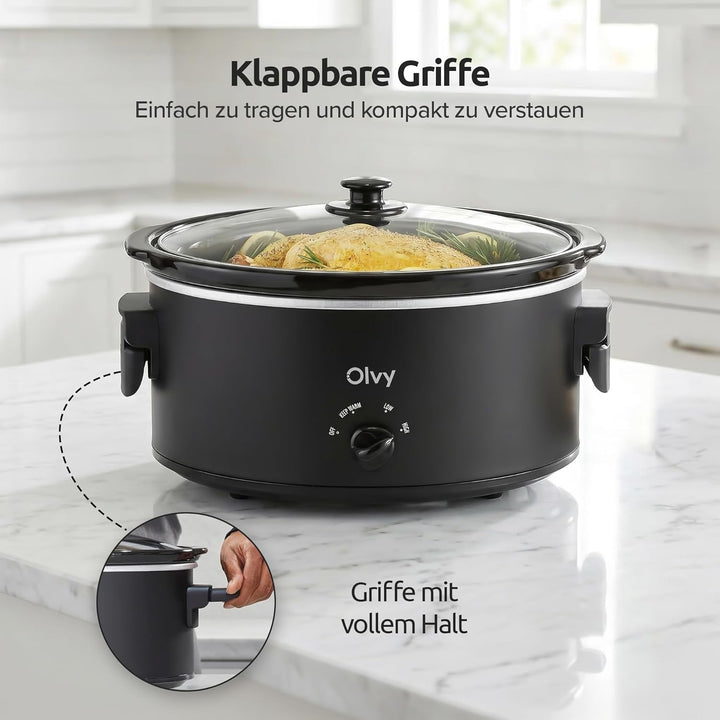 Olvy Slow Cooker 6L Schongarer Keramik-Innentopf 3 Stufen Low High Warm Faltbare Griffe Familie Meal