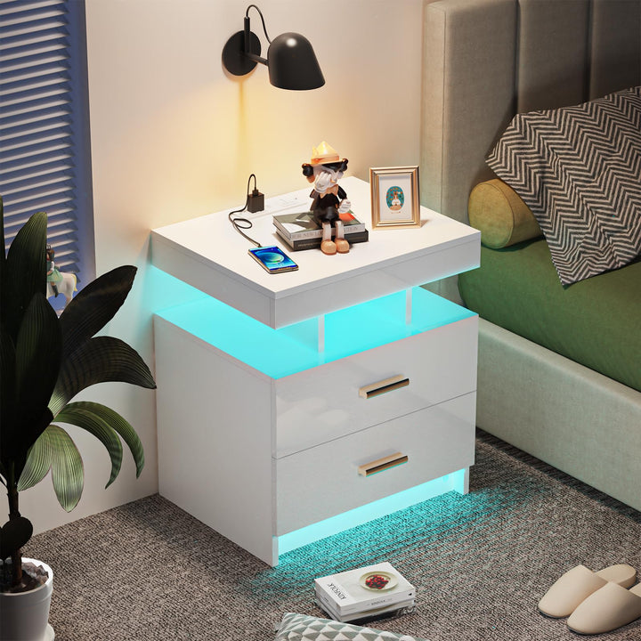 PIPIPOXER Nachttisch mit LED Licht,Nachtschrank mit Steckdose und Ladefunktion,Nachschrank mit 2 Sch