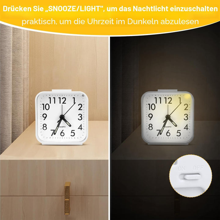 Analog Wecker Ohne Ticken, Mit Licht für Tiefschläfer, Batteriebetrieben, Reisewecker Mit Leuchtziff