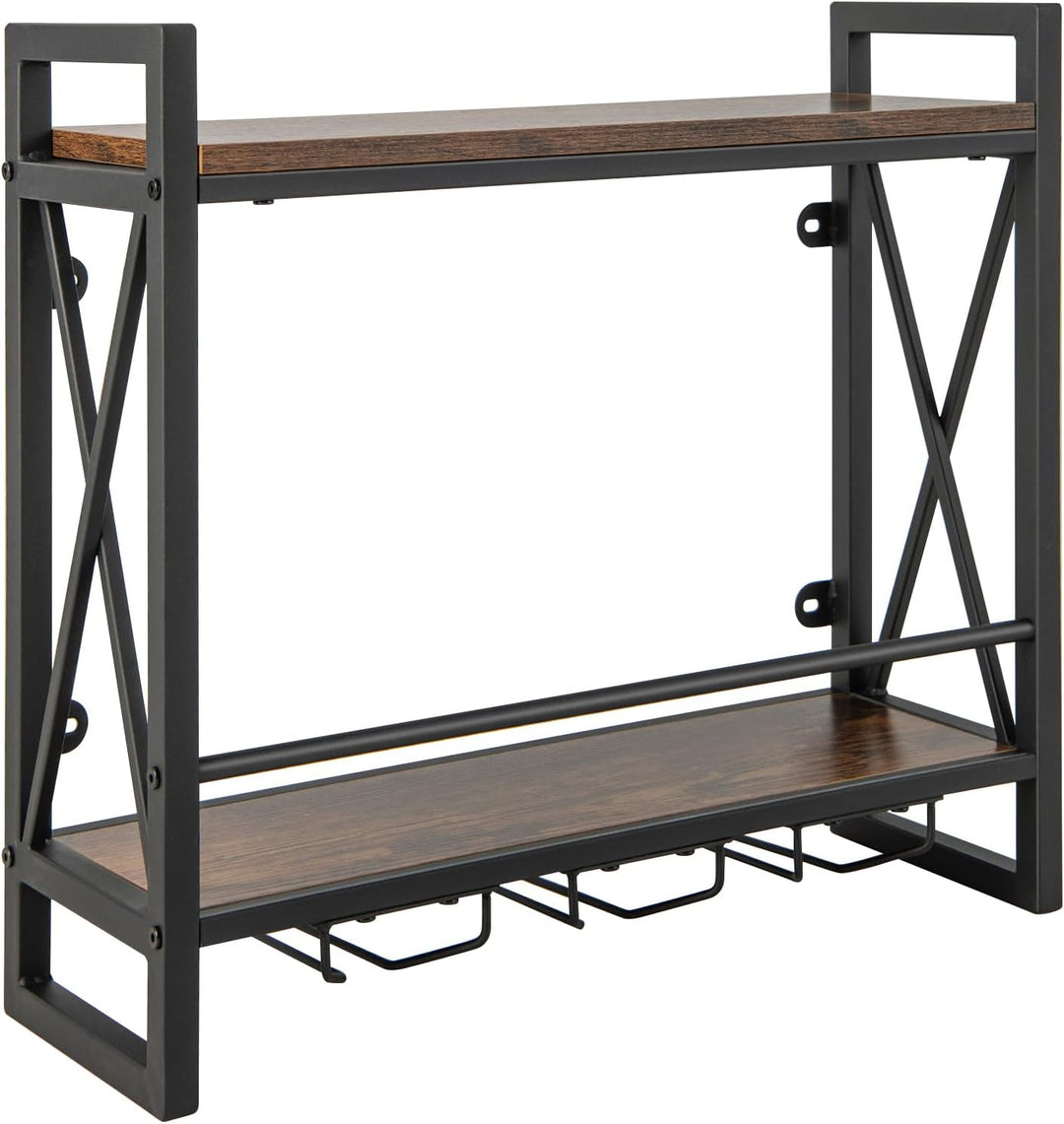 COSTWAY 2 Ebenen Weinregal Wand, Flaschenregal Holz mit Metallrahmen, mit 3 Reihen Weingläserhalter,