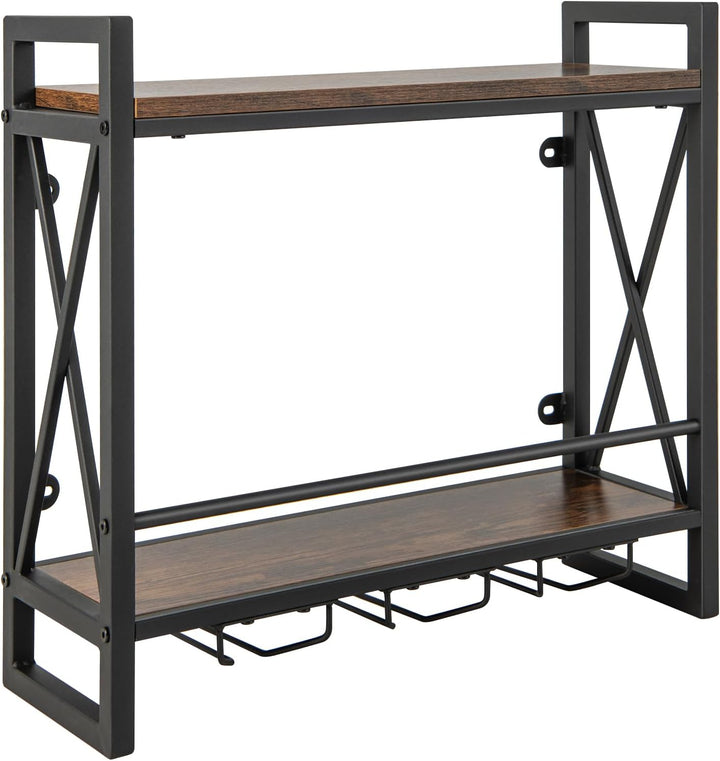 COSTWAY 2 Ebenen Weinregal Wand, Flaschenregal Holz mit Metallrahmen, mit 3 Reihen Weingläserhalter,