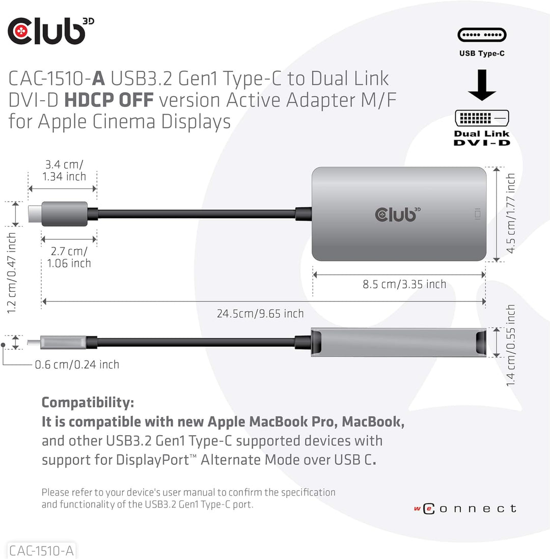 Club 3D 3D Gen1 Type-C auf Dual Link DVI-D HDCP Off Version Aktiver Adapter S/B für Apple Cinema Dis