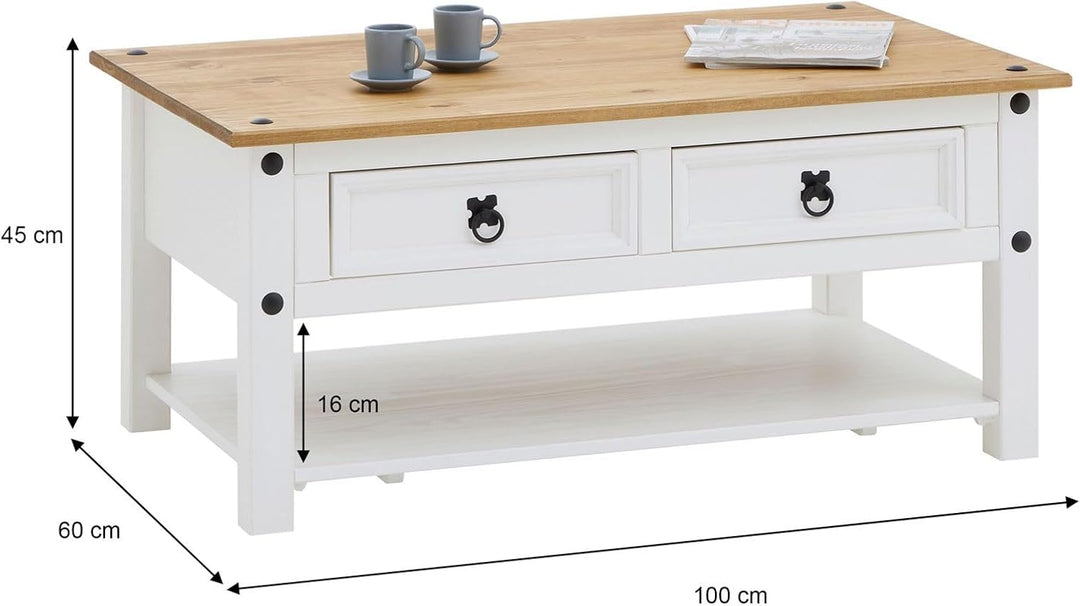 CARO-Möbel Couchtisch Campo im Mexiko-Stil Wohnzimmertisch Beistelltisch Kiefer massiv, braun/weiss