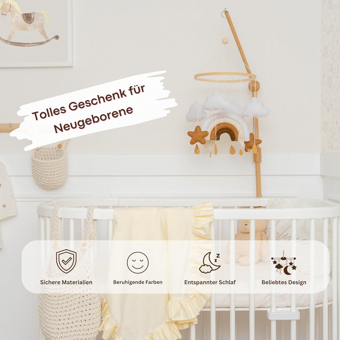 Mobile Baby Babybett Windspiel Filz | Regenbogen, Sterne & Wolken | hängende Dekoration Wickeltisch
