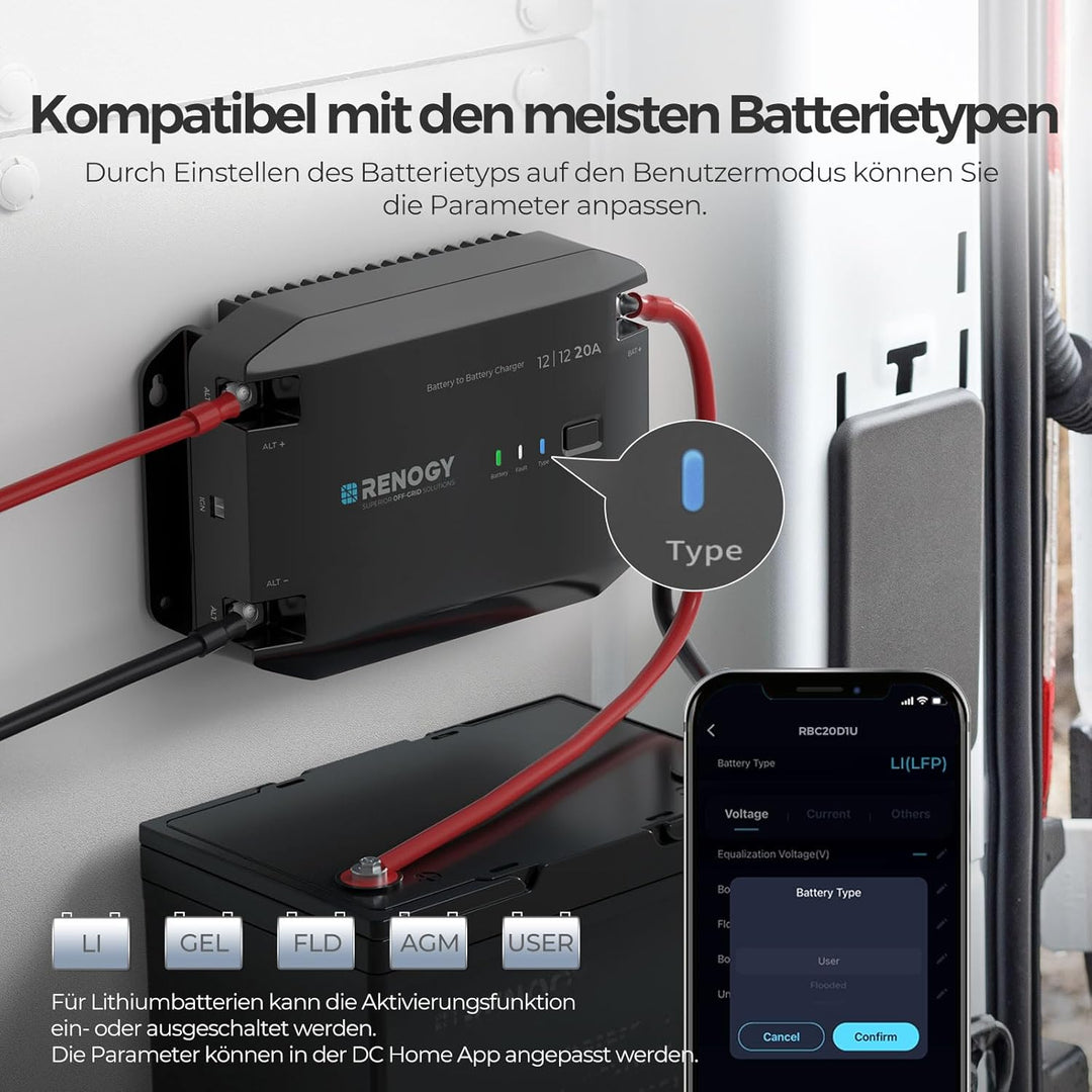 Renogy 20A DCDC Batterieladegerät, 12V Solarenergie Ladegerät, AGM, Flooded, Gel, and Lithium Batter