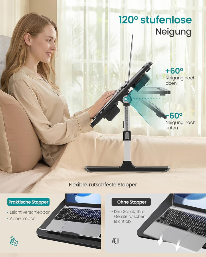 SONGMICS Laptoptisch, Betttisch, Laptopständer, 56 x 40 cm grosse Tischplatte, 120° stufenlos verste