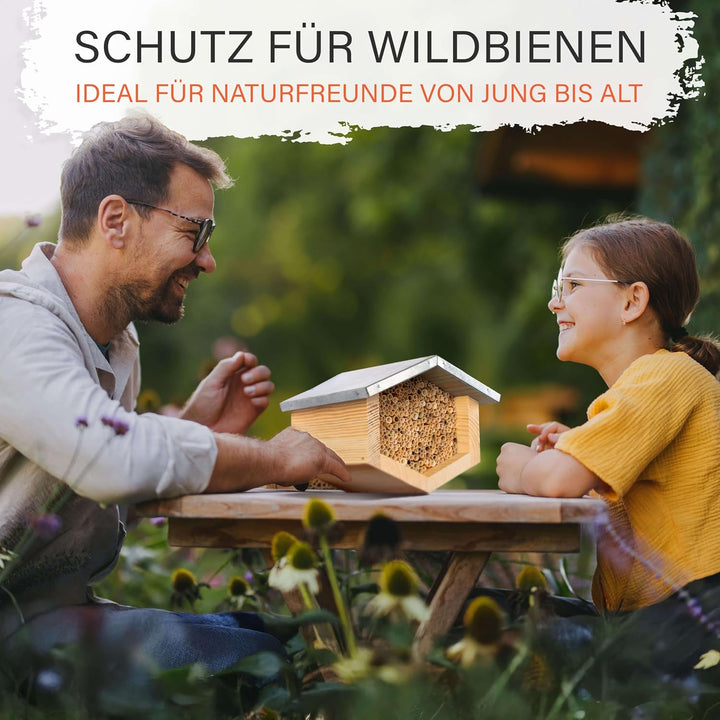 Beesi Bienenhotel mit wetterfestem Metalldach I Bienenhaus mit Schilfröhrchen I Verschiedene Durchme