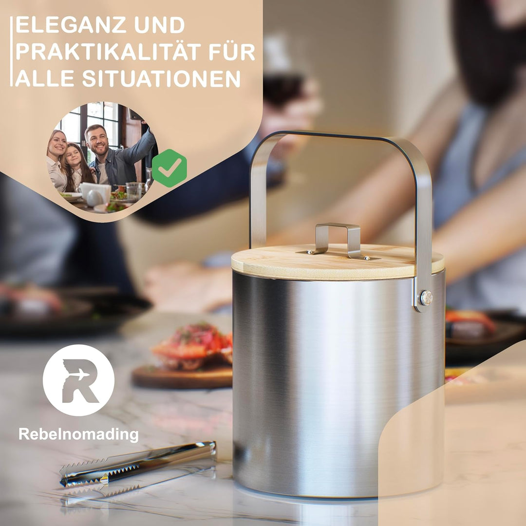 Premium Eiswürfelbehälter Mit Deckel Aus Bambus u. Zange 1,3L - Eiswürfelbehälter Gross - Eisbehälte