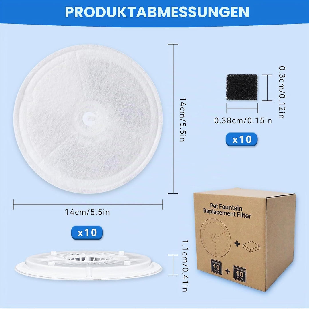 10 Stück Katzenbrunnen Ersatz Filter + 10 Schwammfilter, kompatibel mit Petkit Eversweet Solo SE/Sol
