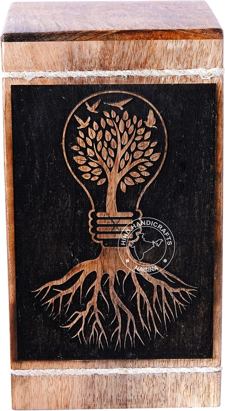 Holzurne mit Blumenmotiv, graviert, für menschliche Asche, für Erwachsene, gross – Holzbeerdigungsur