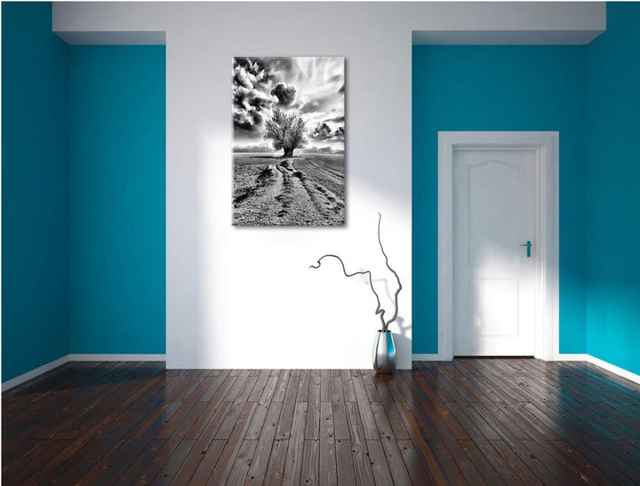 Pixxprint Pinkes Feld mit pinkem Baum als Leinwandbild | Grösse: 100x70 | Wandbild| Kunstdruck | fer