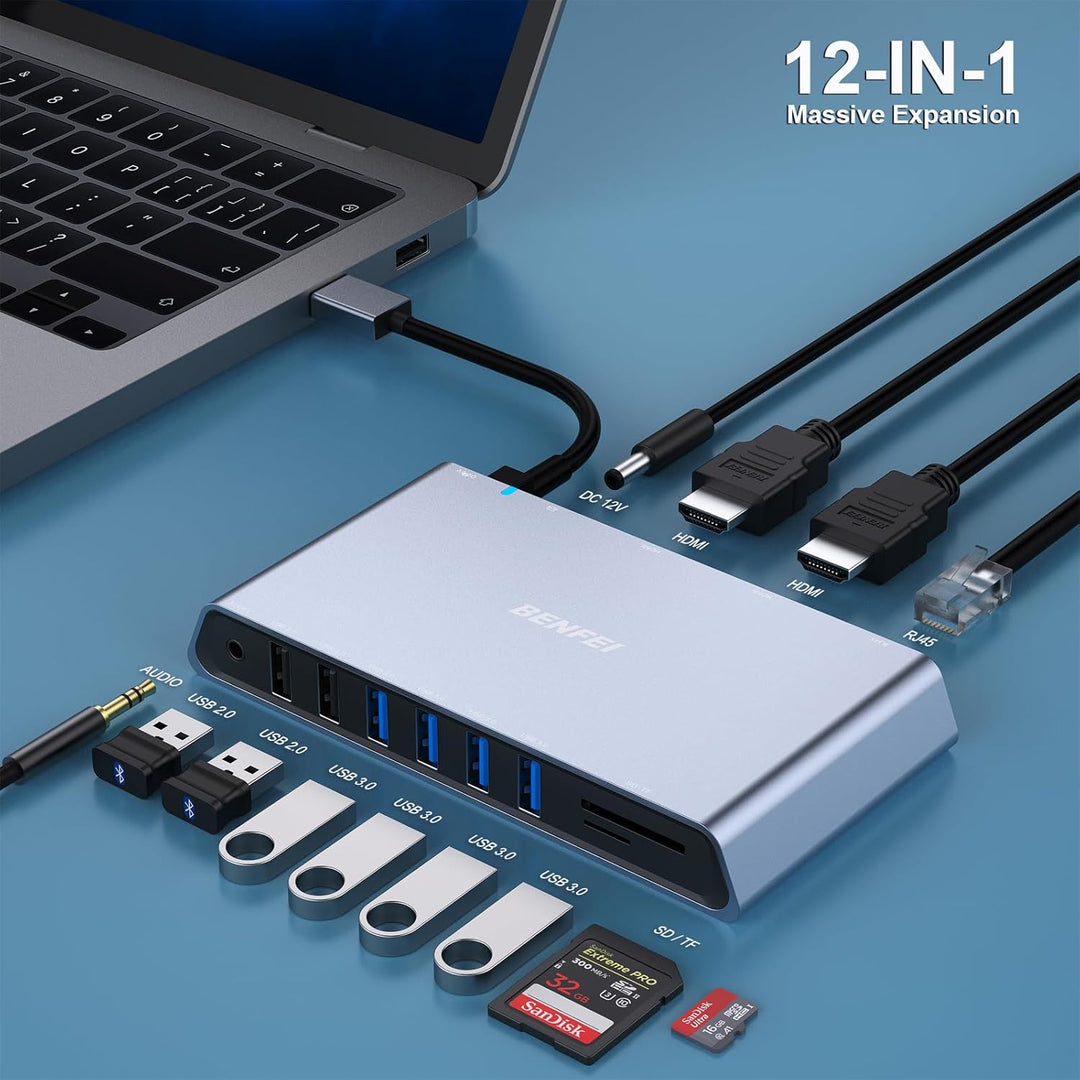 BENFEI USB 3.0 Dockingstation Dual HDMI, 12-in-1 USB Hub mit 2 HDMI/6*USB-Anschlüssen/SD/TF-Kartenle