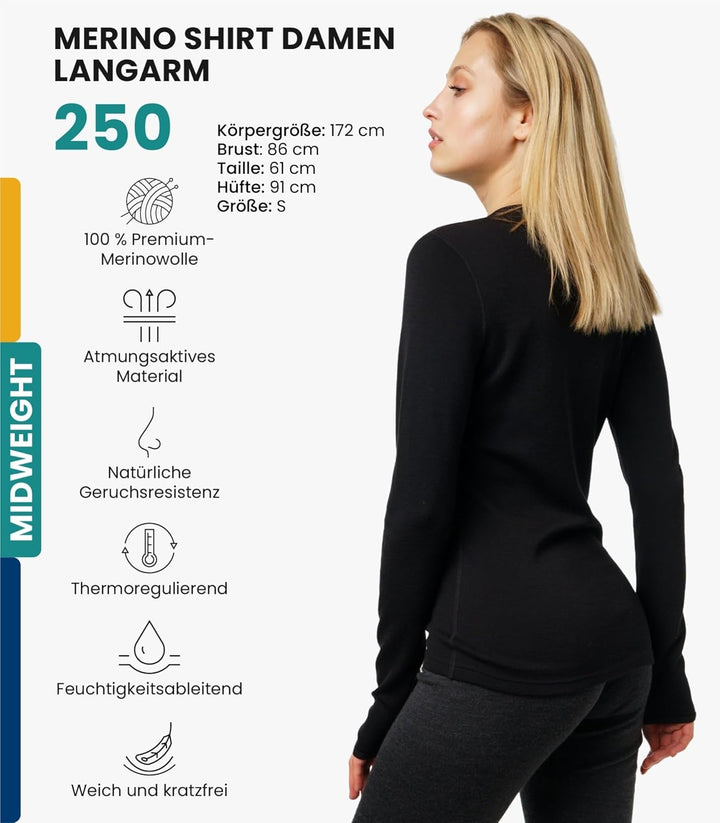 Merino.tech Merino Shirt Damen Langarm - Premium 100% Merino Unterwäsche Damen Langarmshirt, Sportun