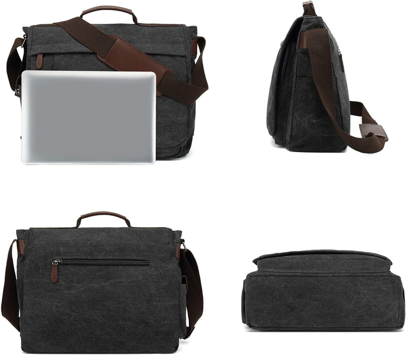 CALIYO Umhängetaschen Herren aus Canvas Schultasche Queformat A4 Laptoptasche für 15,6 Zoll Laptop A