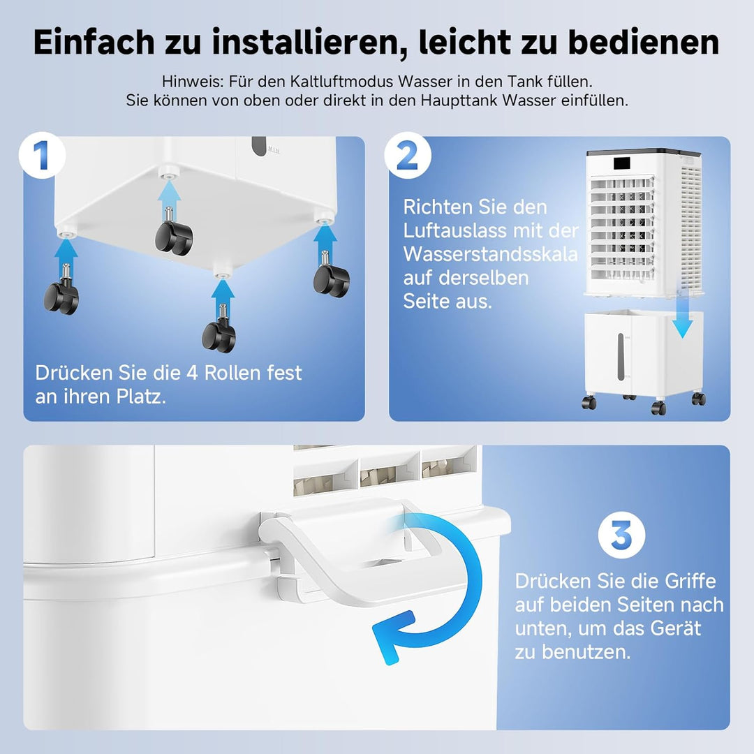 4-in-1 tragbares Klimagerät, Verdunstungsluftkühler mit 10L Wassertank, 4 Modi und 3 Geschwindigkeit