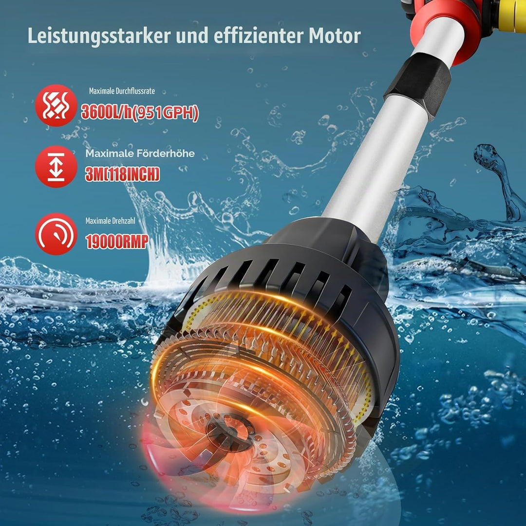 Kabellose Stabwasserpumpe, kompatibel mit Milwaukee M18, Förderleistung 3600 l/h, tragbare Wasserpum