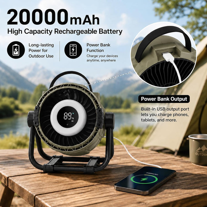 WHATOOK Akku Camping Ventilator 20000mAh Tischventilator mit Fernbedienung | USB-C-Ladung, Powerbank