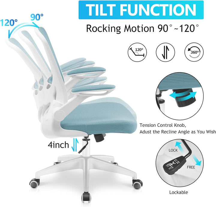KERDOM Bürostuhl, Ergonomischer Schreibtischstuhl mit Klappbaren Armlehnen, 360° Drehstuhl Mesh Comp