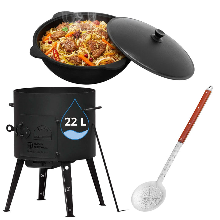 4BIG.fun Uchag 2 mm stahl Ø49 cm mit Kazan 22 L aus Gusseisen Utschak Kasan Utschag Campingofen Kess