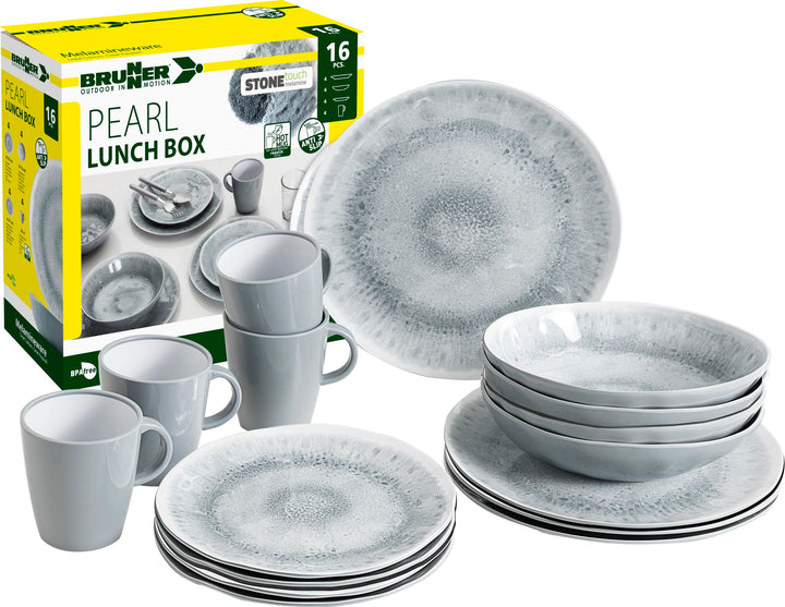 BRUNNER Melamin ESS Geschirr Set Lunch Box 16-teilig Camping Reise Teller Becher Stonetouch Pearl, S
