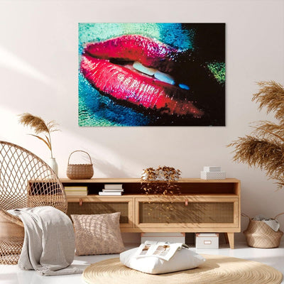 Bilder auf Leinwand 100x70cm Leinwandbild mit Rahmen Lippen Gesicht Frau Gross Wanddeko Bild Schlafz