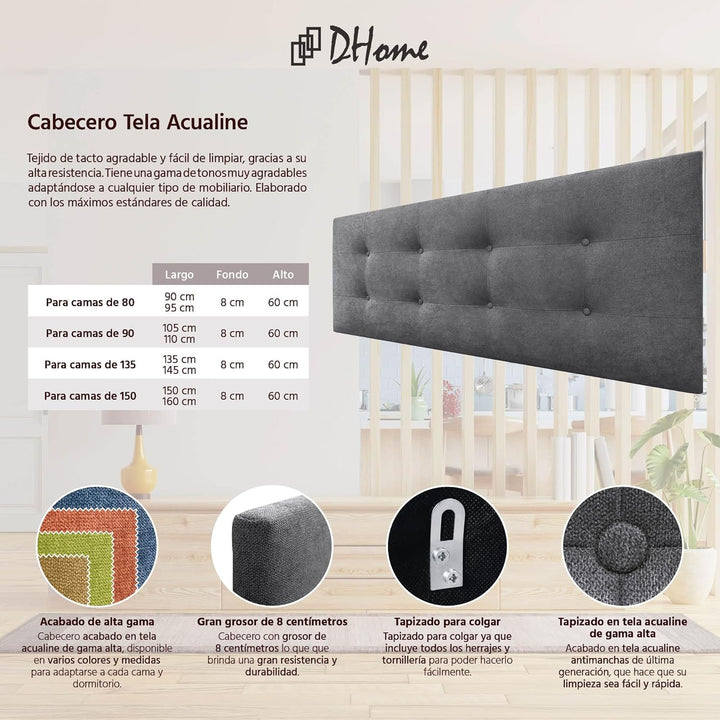 DHOME Kopfteil für Bett, gepolstert, 8 cm dick, gepolsterter Kopf, ACUALINE Stoff und Kunstleder, fü