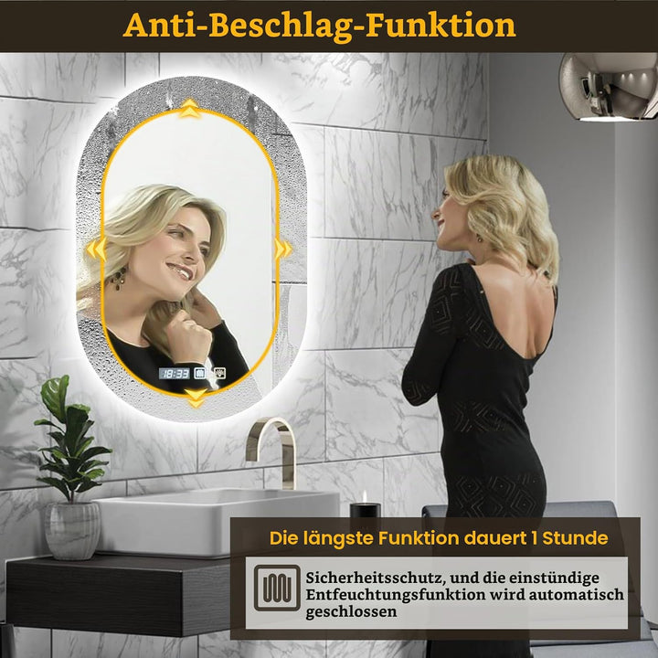 Oval LED Badezimmerspiegel,Spiegel mit Beleuchtung Bad 50x75cm, Badspiegel mit Beleuchtung mit Touch