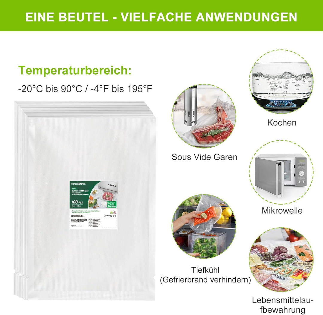 Bonsenkitchen Vakuumierbeutel 28x40 cm, 100 Beutel Profi-Folienbeutel für alle Vakuumiergerät, vakuu