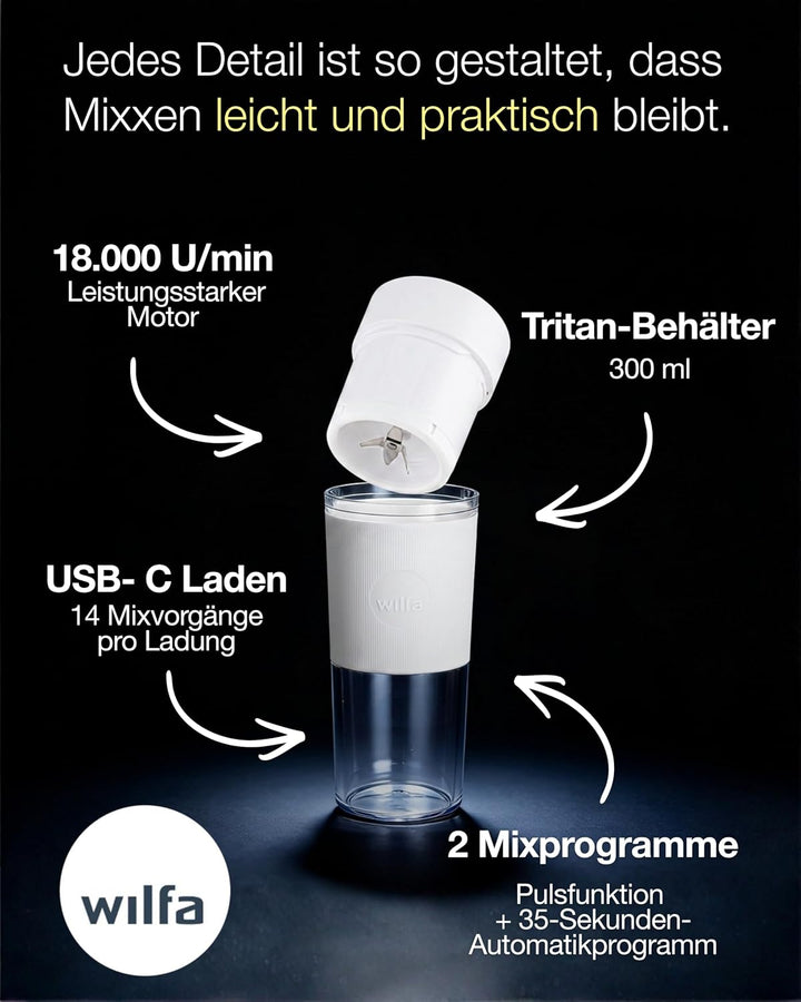 Wilfa SWIFT Akku-Mixer I 300ml Tritan-Behälter BPA-frei I zerkleinert Obst, Gemüse, Gefrorenes & Eis