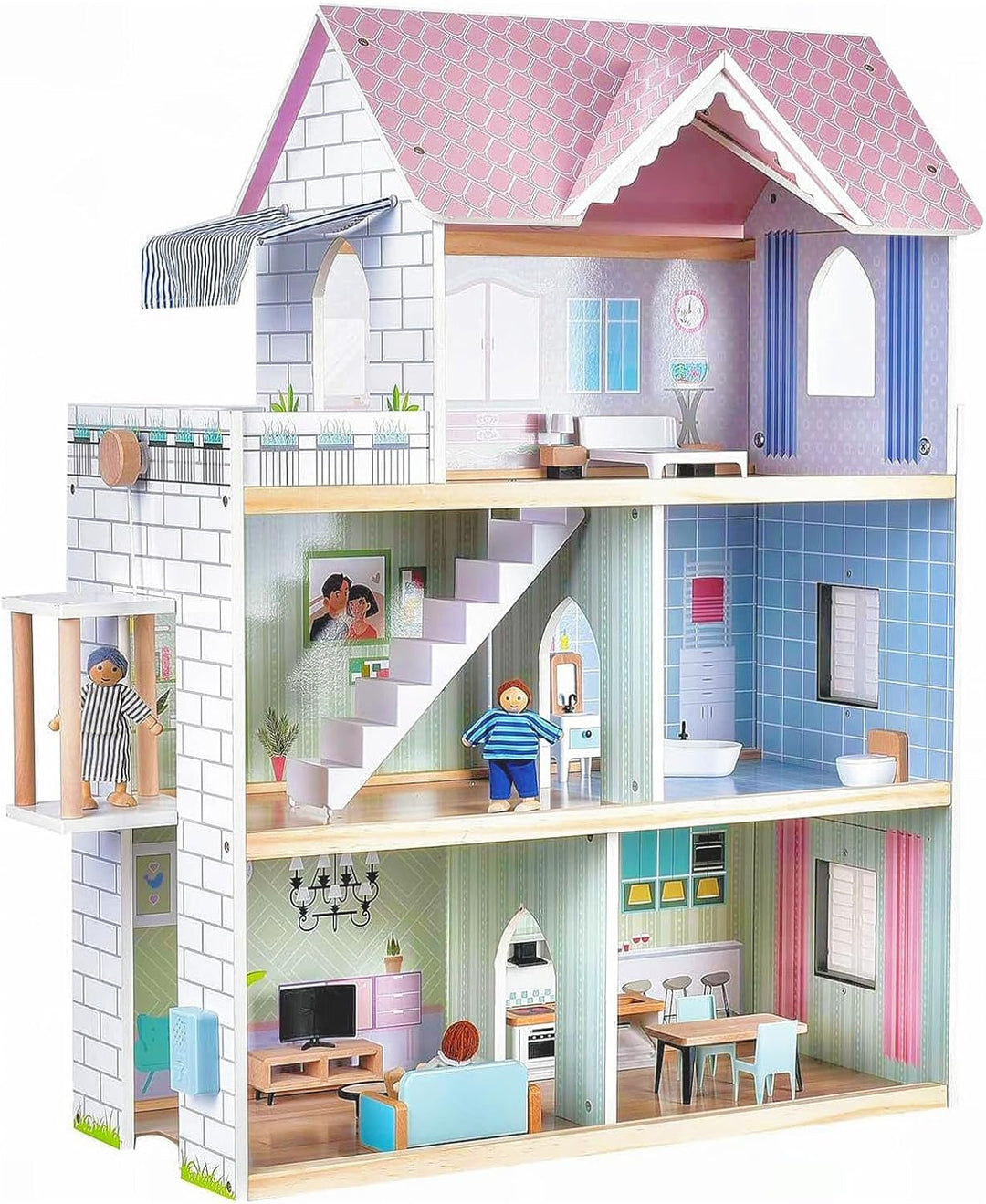 Giant bean Puppenhaus Holz, 80 cm Hoch, mit Aufzug, Türklingel, Licht, 15 Möbelstücken und 3 Puppen,