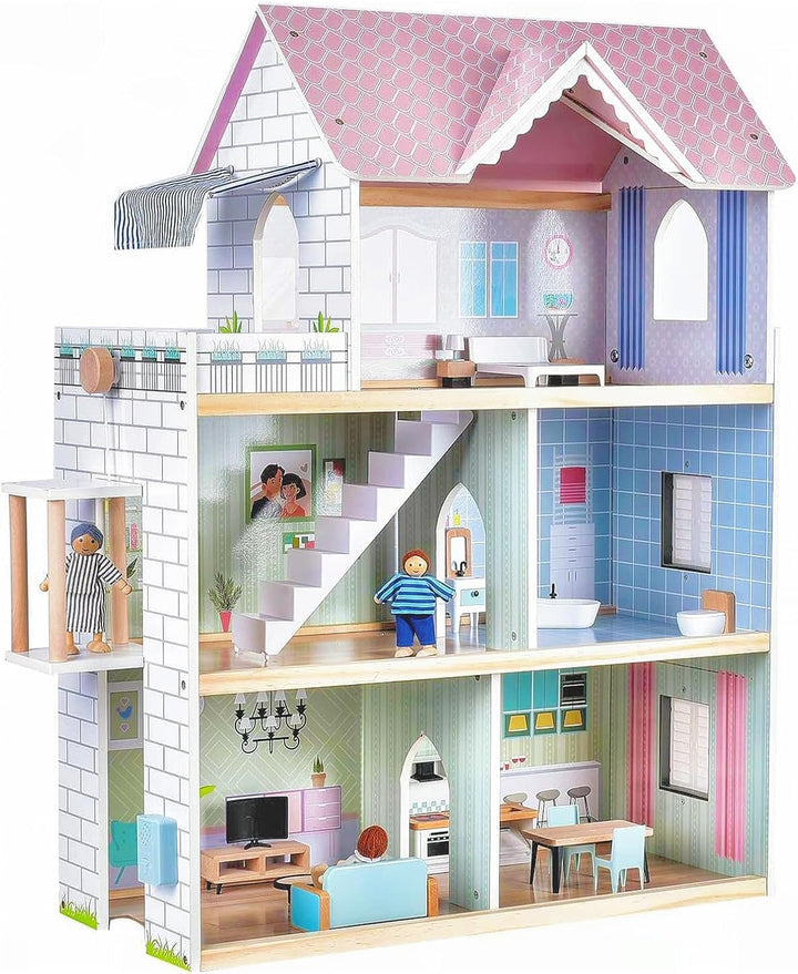 Giant bean Puppenhaus Holz, 80 cm Hoch, mit Aufzug, Türklingel, Licht, 15 Möbelstücken und 3 Puppen,