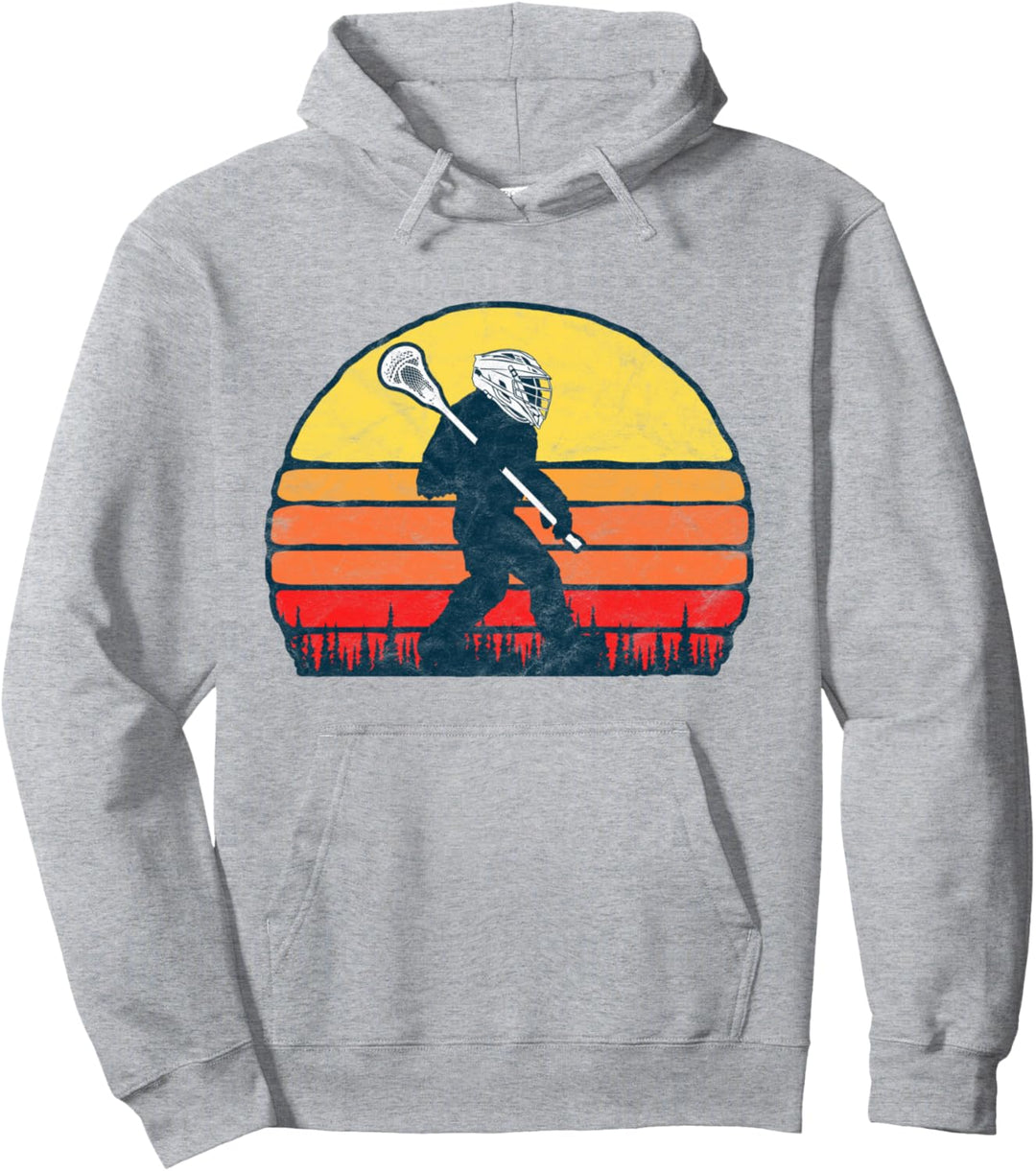 Funny Sasquatch Lax Bigfoot Lacrosse Vintage 80s Sunset Pullover Hoodie
