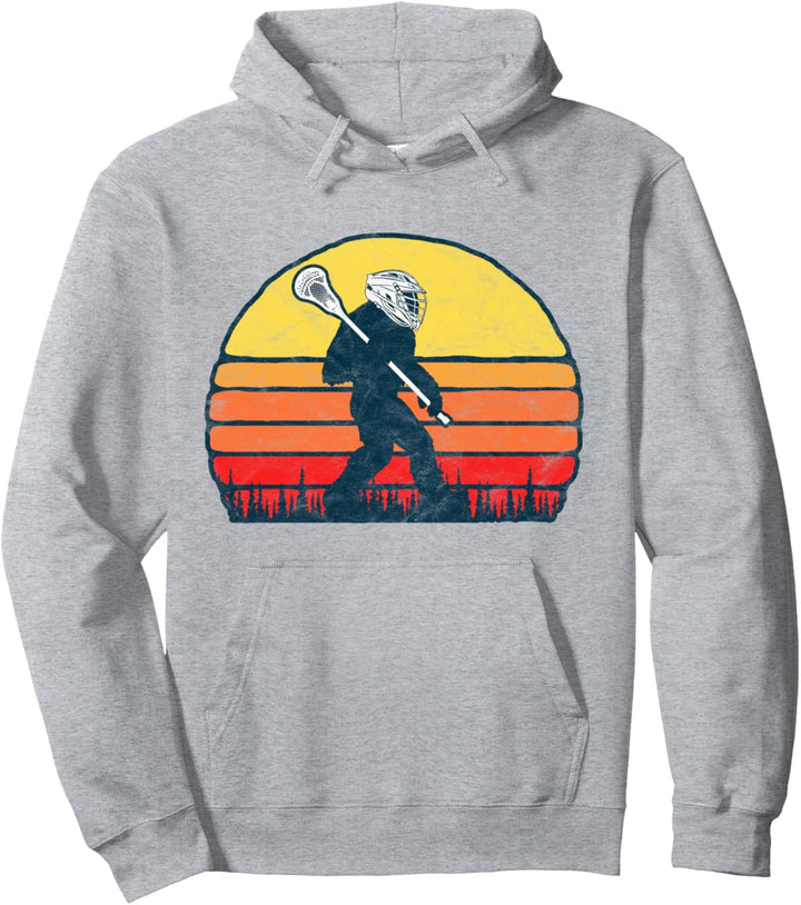 Funny Sasquatch Lax Bigfoot Lacrosse Vintage 80s Sunset Pullover Hoodie