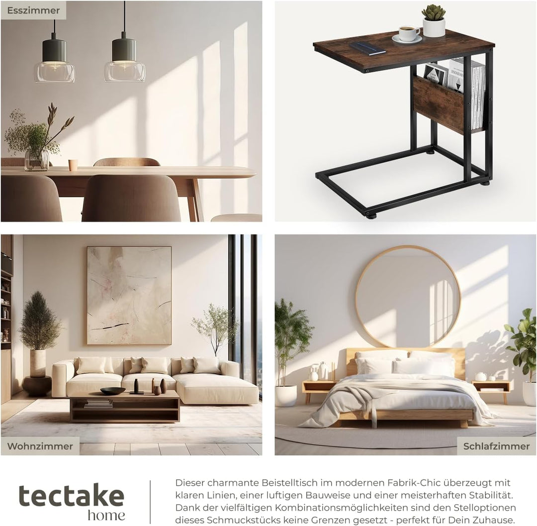tectake® Beistelltisch Holz Metall, Wohnzimmertisch, Couchtisch C-Form, Laptoptisch für Couch, Bettt