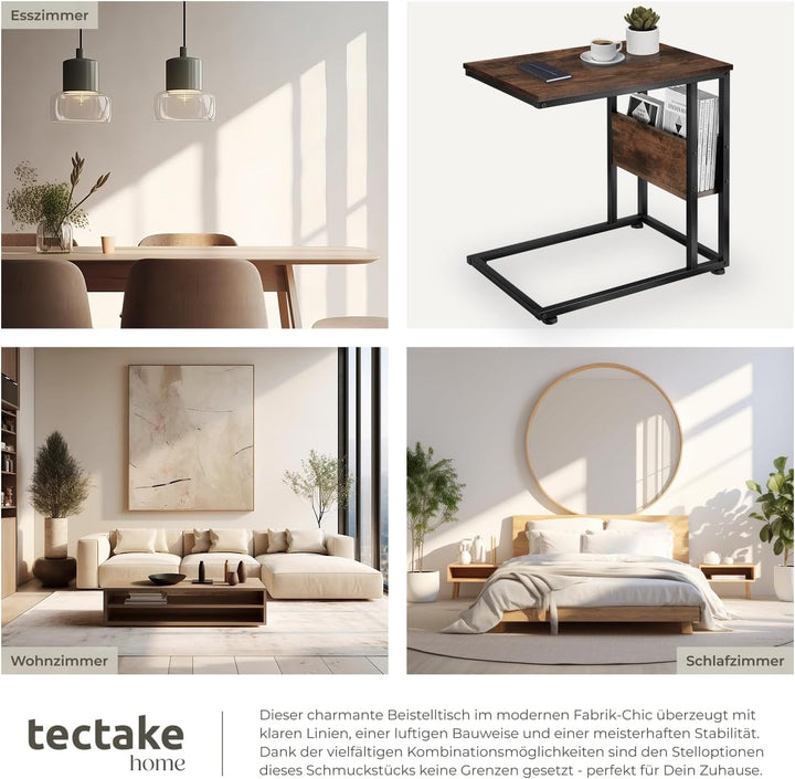 tectake® Beistelltisch Holz Metall, Wohnzimmertisch, Couchtisch C-Form, Laptoptisch für Couch, Bettt