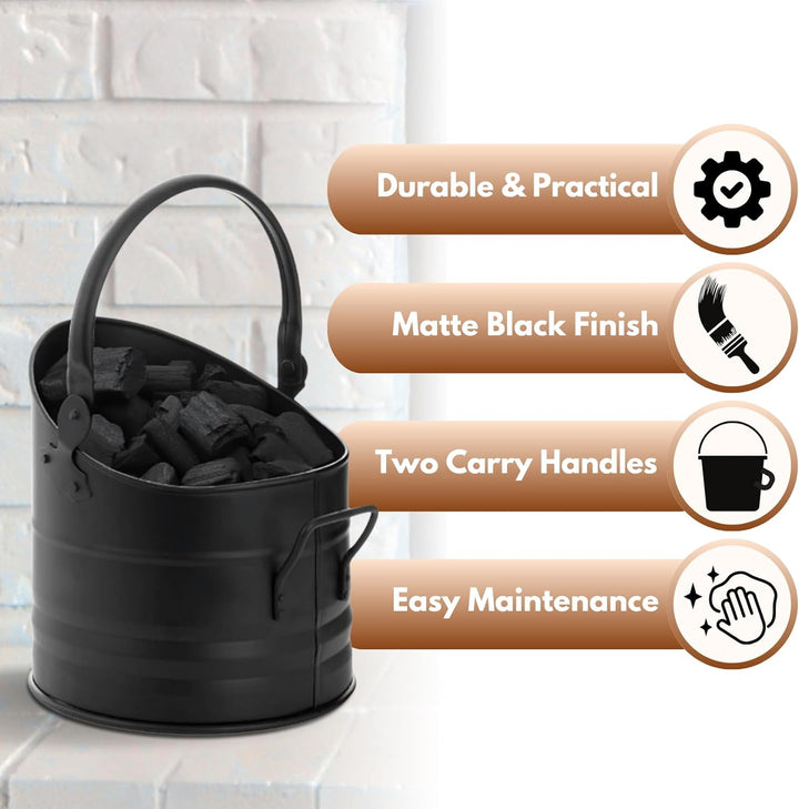 HomeZone schwarzer Kohleeimer für Anzündholz, Kohle und Brennstoff, BLACK ROUND FIRESIDE BUCKET