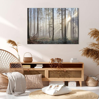 Bilder auf Leinwand 100x70cm Leinwandbild mit Rahmen Wald Baum Natur Gross Wanddeko Bild Schlafzimme