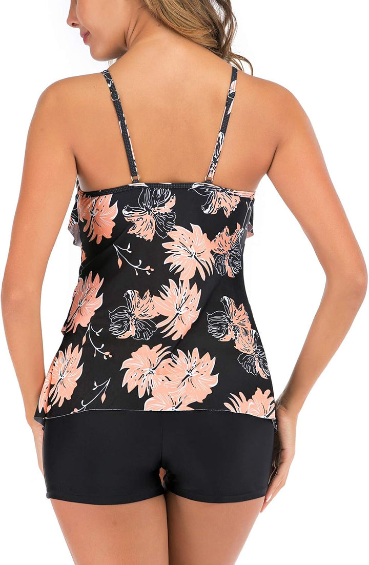 FLYILY Damen Zwei Stücke Tankini Rüschen Volant Geschichtet Bademode mit Boy Legs Shorts Rüschen Gro