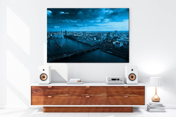 deyoli endlose Themse Fluss in London Format 80x60 Effekt: Monocrome Blau als Leinwandbild, Motiv fe