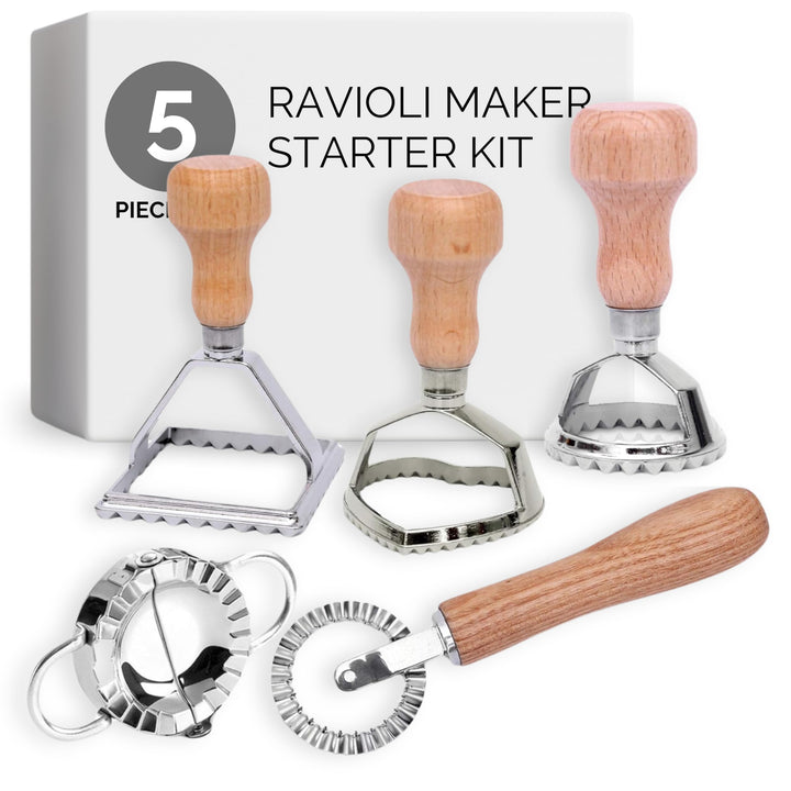 Ravioli Ausstecher Set mit Teigtaschenformer und Teigrädchen - aus hochwertigem Buchenholz und rostf