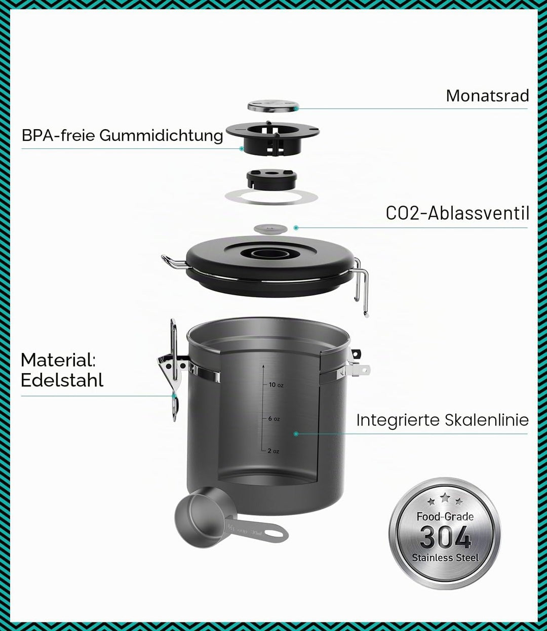 Coffee Gator-Edelstahl-Kaffeedose – Hält gemahlener Kaffee und Bohnen länger frisch – Behälter mit D