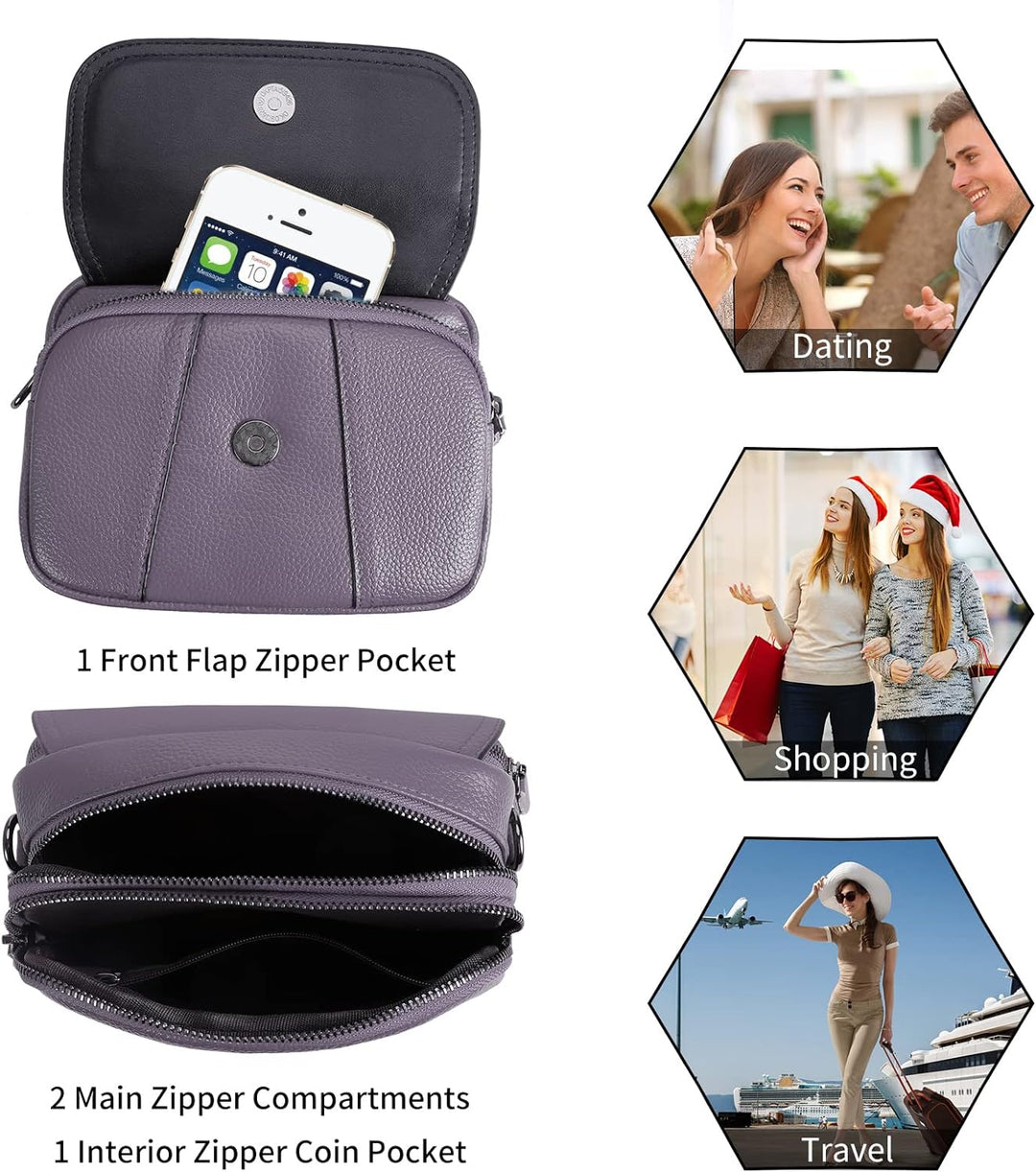 HAWEE Damen Handy Umhängetasche Echtes Leder Crossbody Schultertasche mit 3 Reissverschlüsse Kleine