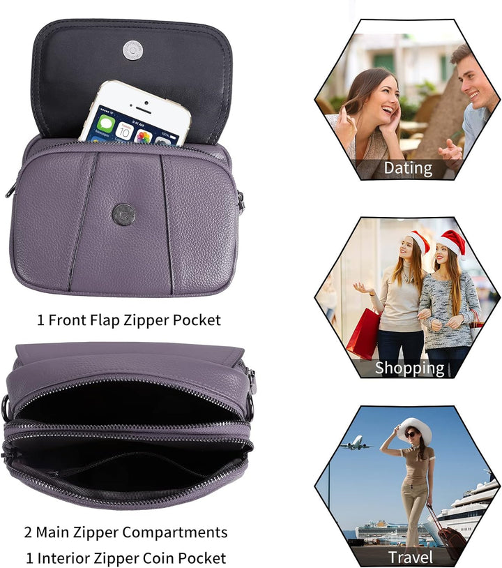 HAWEE Damen Handy Umhängetasche Echtes Leder Crossbody Schultertasche mit 3 Reissverschlüsse Kleine