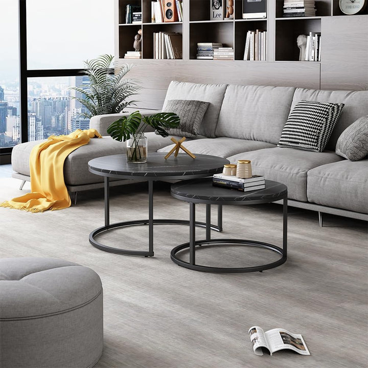 Vicco Couchtisch-Set Montreal, Schwarz/Schwarzer Marmor, 77 x 40 cm 2 Teile 2er Set Schwarz, 2er Set