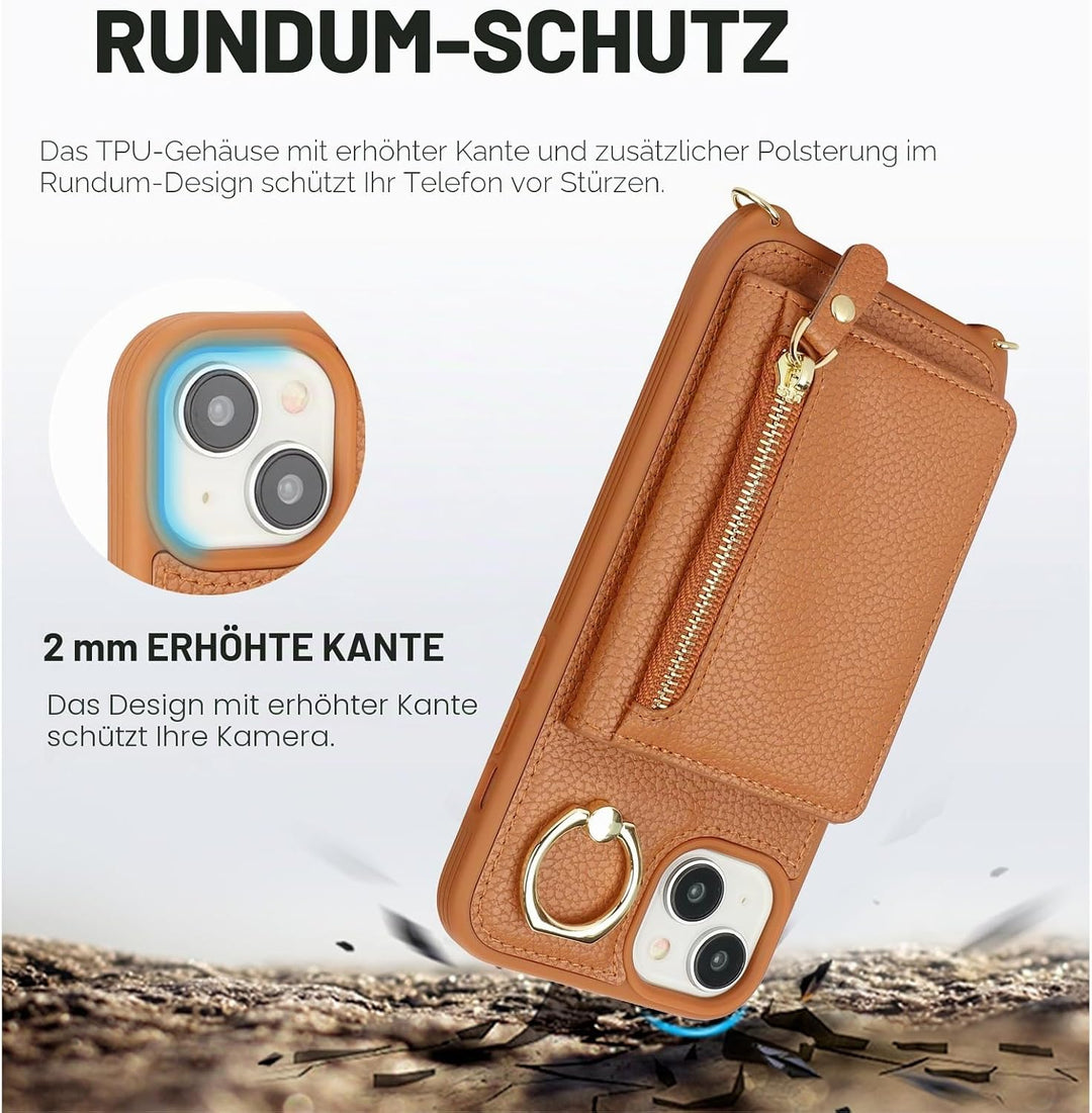 ELTEKER Handyhülle für iPhone 14 Hülle mit Band Kartenfach Ringhalterung Geldbörse,Leder Klapphülle
