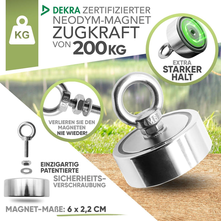 Jungle Monkey Premium Magnetangel Set - 200KG Zugkraft DEKRA geprüft - Magnetfischen Komplettset ink