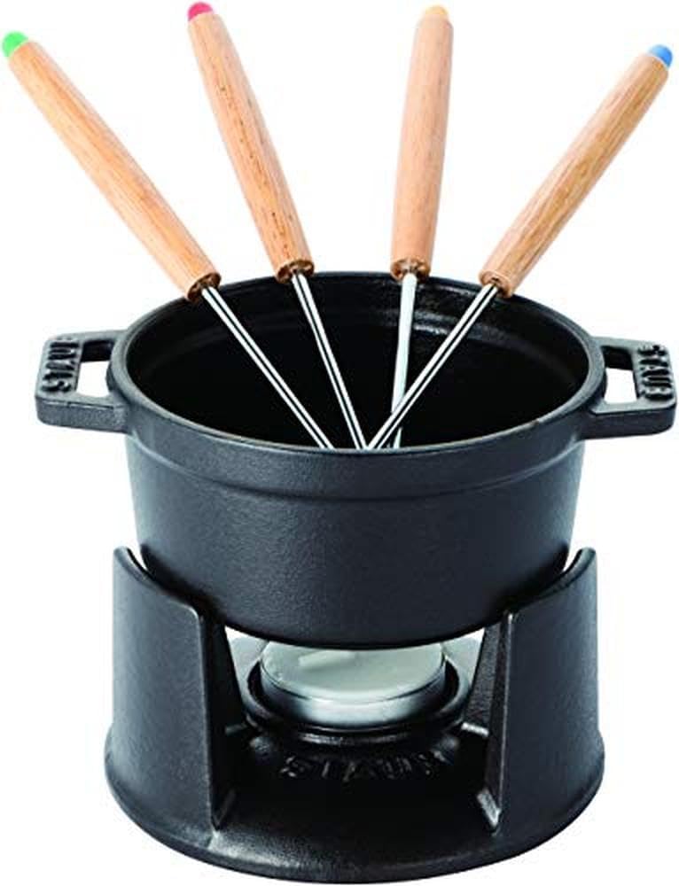 Staub Mini Fondue Set (10 cm, 0,25 L mit mattschwarzer Emaillierung im Inneren des Topfes) schwarz,